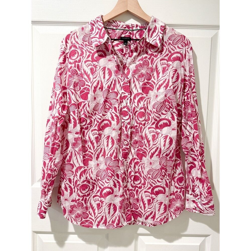Talbots Plus 1X 100% Cotton Button Up Top Pink Floral Tropical Light Resort